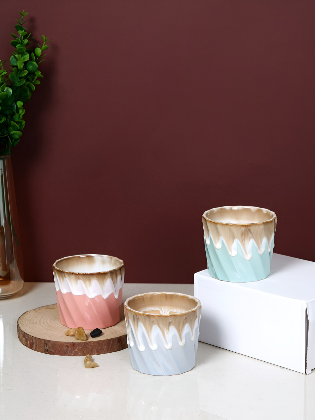 TAYHAA Grey & Blue 3 Pieces Textured Glacier Drip Ceramic Planters