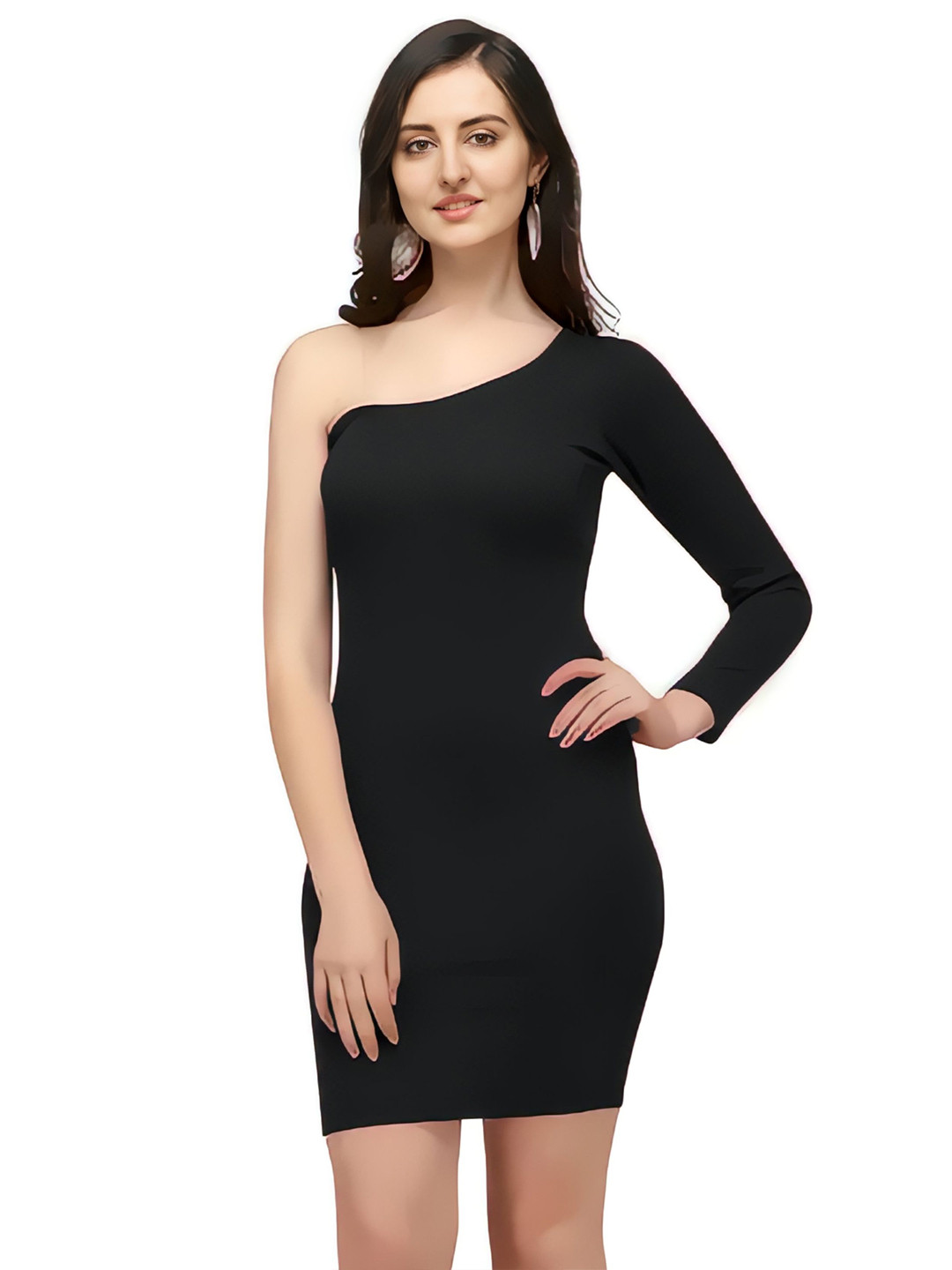 ZELZIS Women Black One Shoulder Solid Knee Length Polyester Bodycon Dress