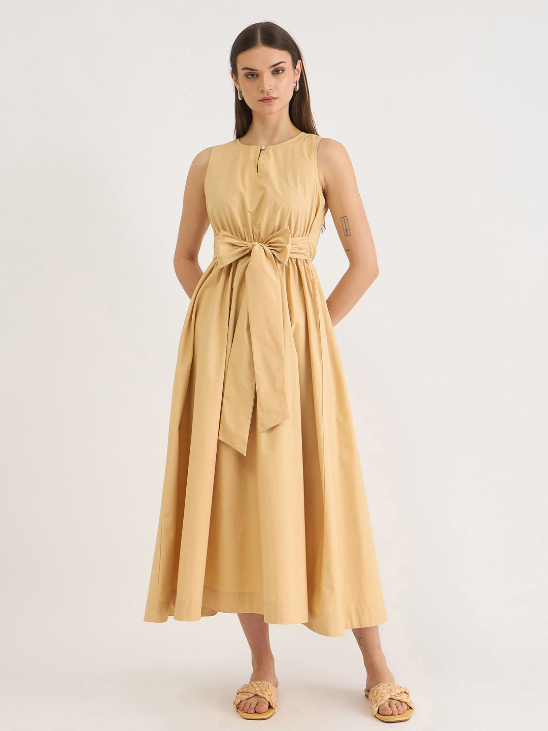 ELLE Women Pure Cotton Sleeveless Midi Fit and Flare Dress