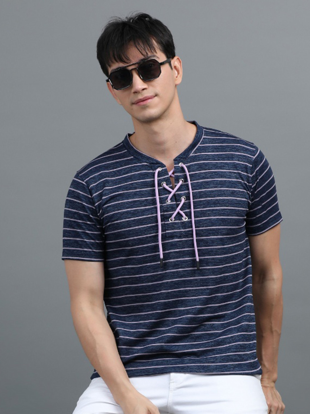 BLUE ARC Men Striped V-Neck T-shirt