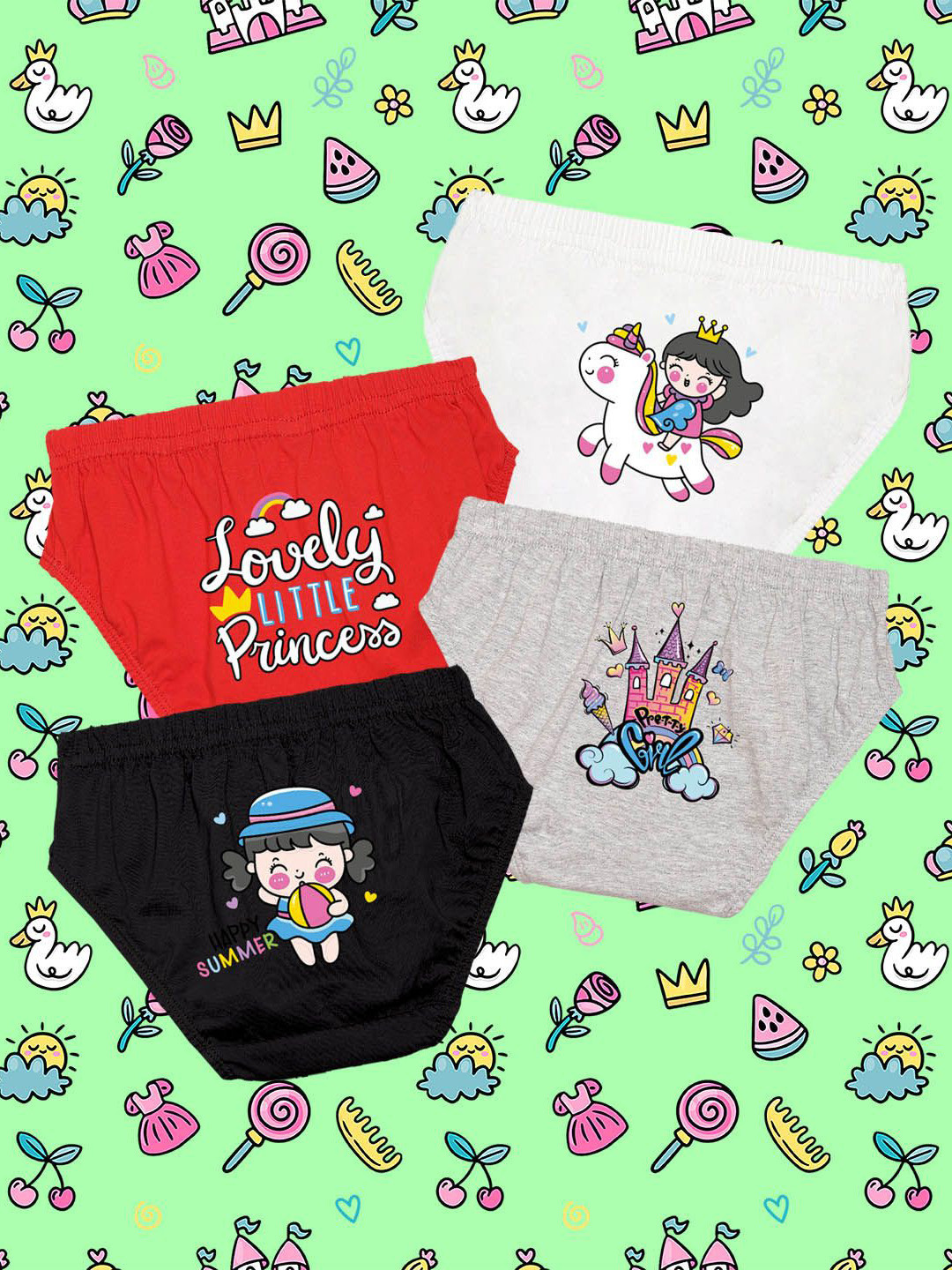 NUSYL Girl Pack Of 4 Princess Castle Printed Cotton Basic Briefs NUGCBRFPO4.0032