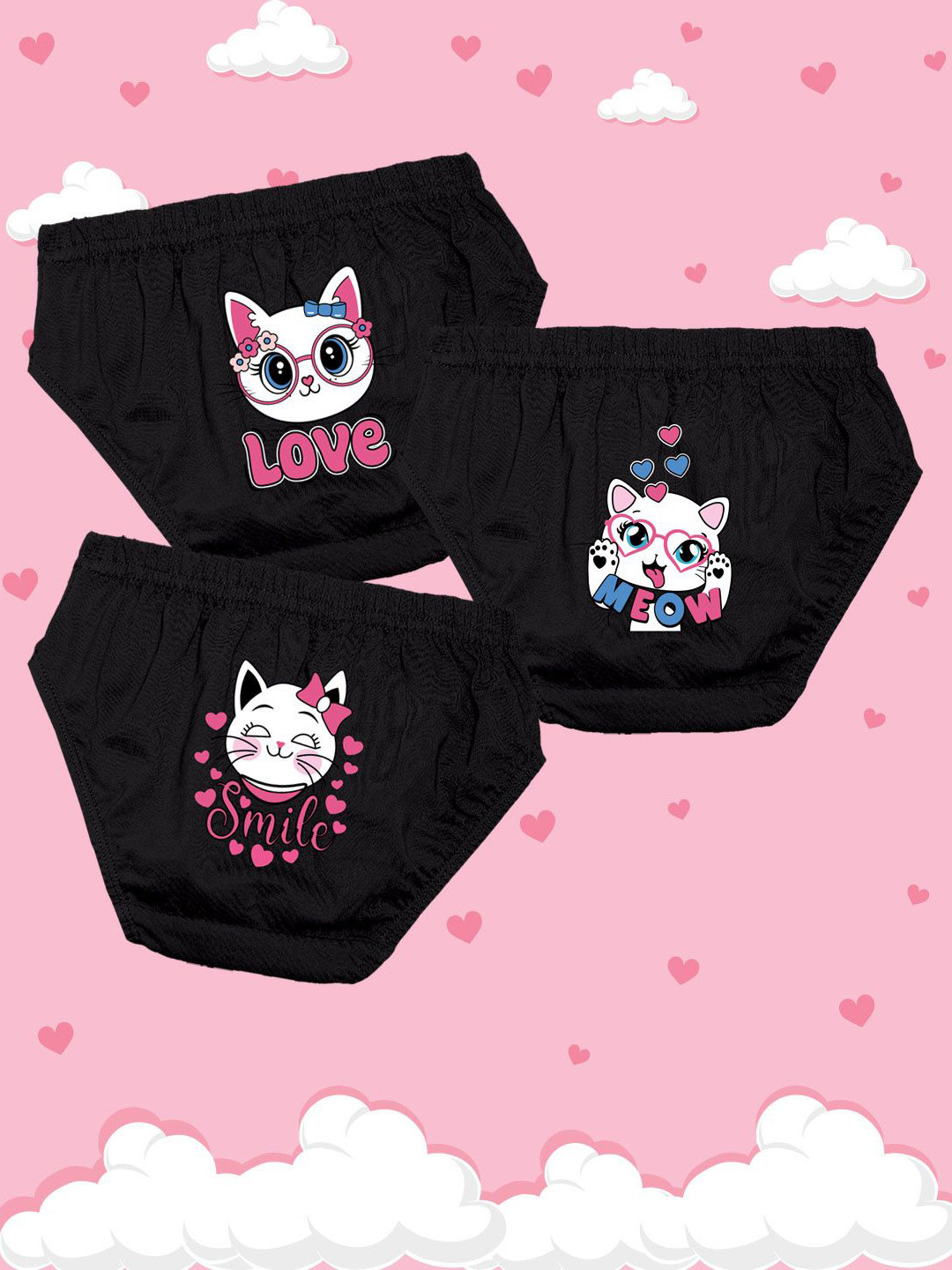 NUSYL Girls Pack Of 3 Cute Kitty Printed Pure Cotton Basic BriefsNUGCBRFPO3.0024