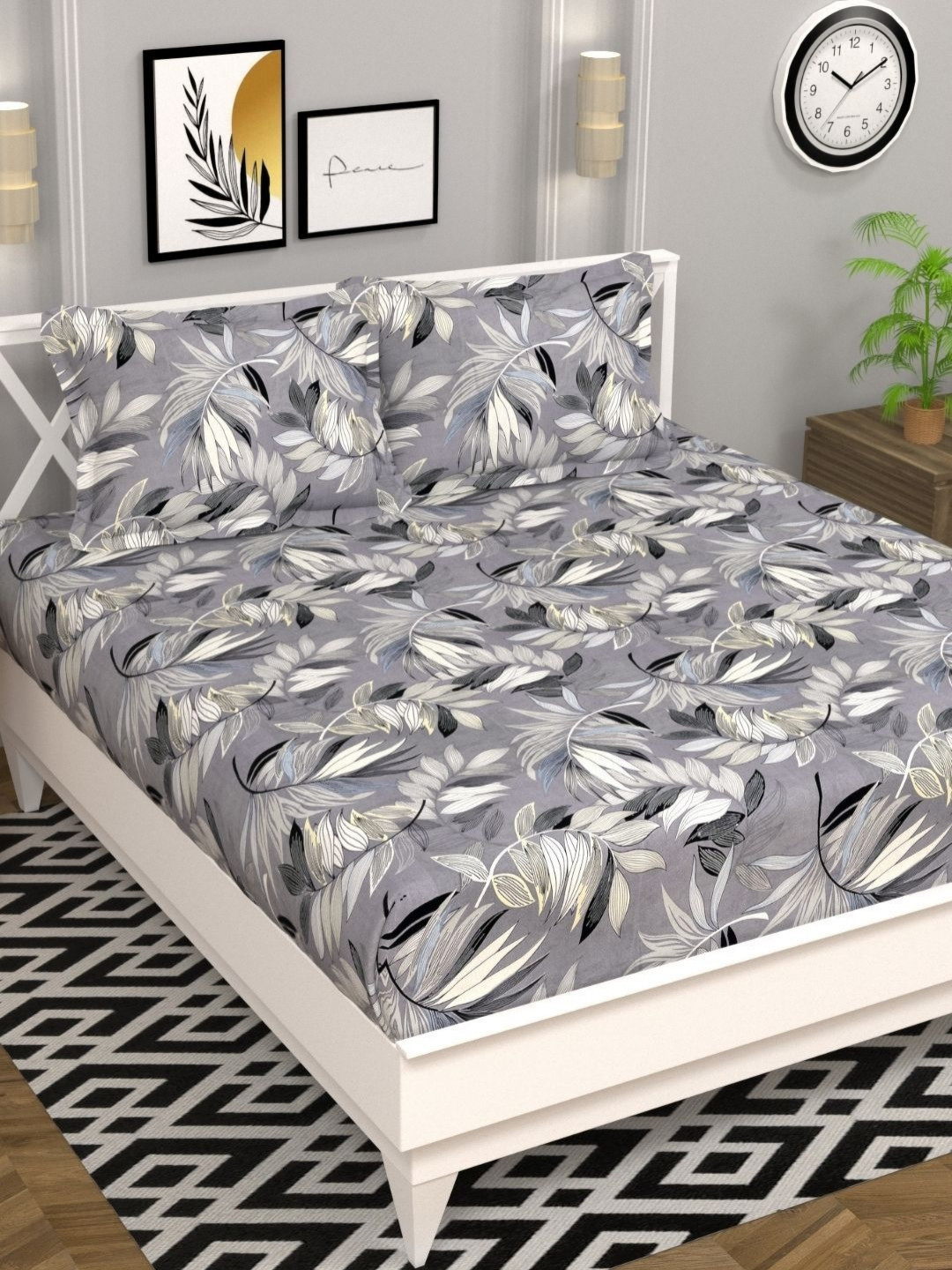 bsb home Prime Collection Grey Leaf Microfiber 144 TC Queen Bedsheet with 2 Pillow Covers-90 x 87 inches