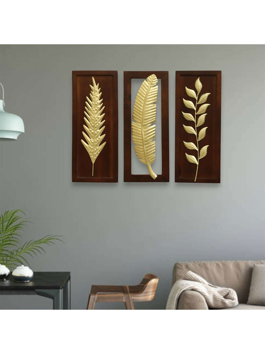 vedas Leaf, W-Sylas Metal Glossy Hanging Hall 3Pcs Wall Hangings-20.1In