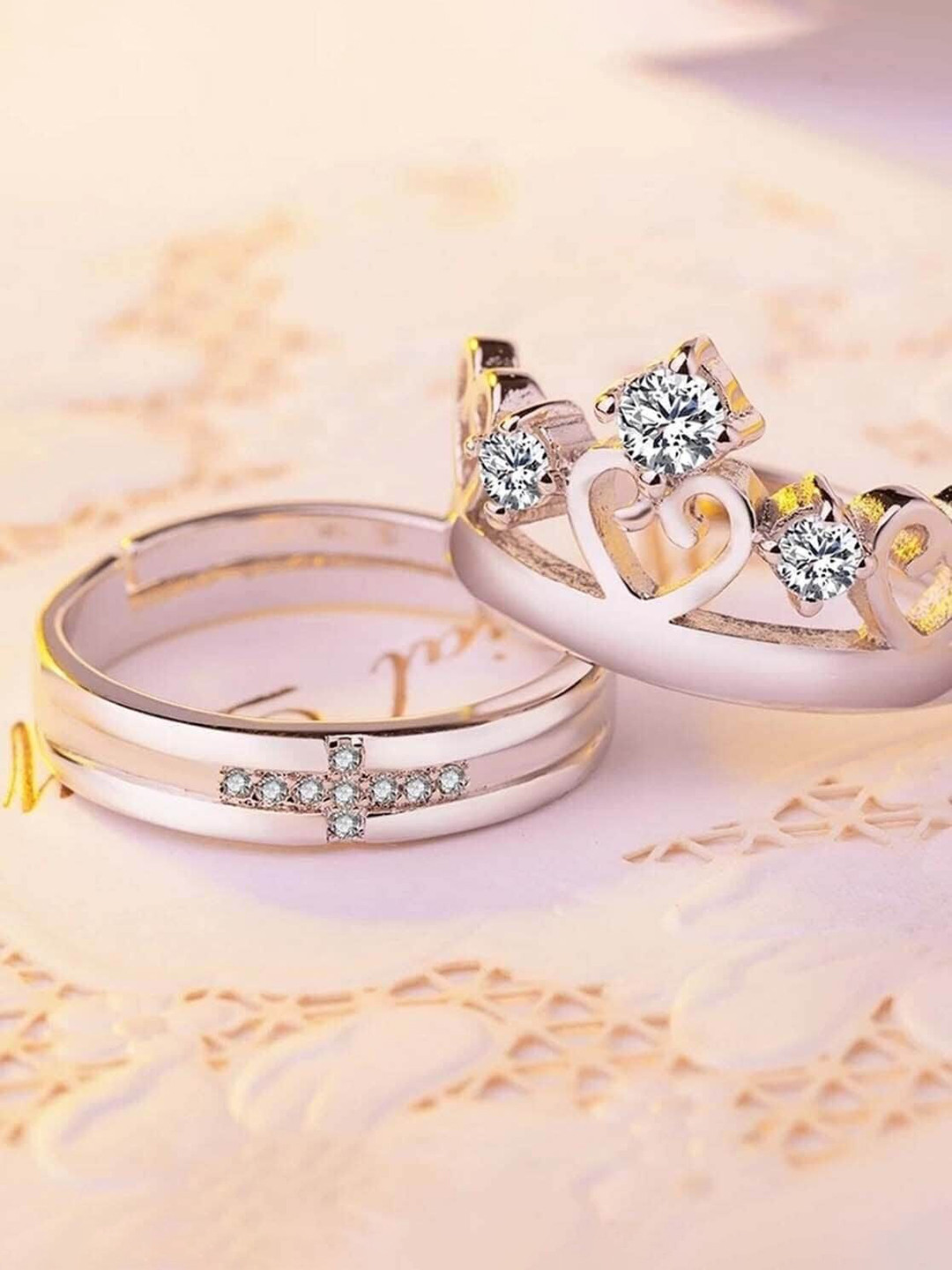 AGARWALPRODUCT Set Of 2 Silver-Plated Quartz Couple Adjustable Finger Rings