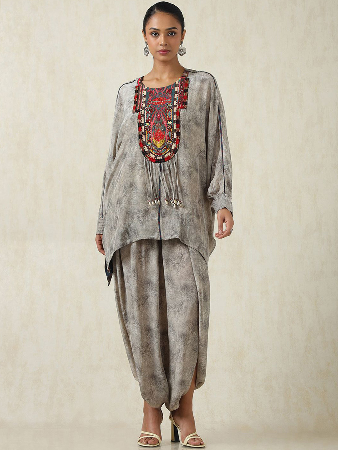 Soch Dyed Thread Work Round Neck Puffed Sleeves A-Line Kurta With Trousers