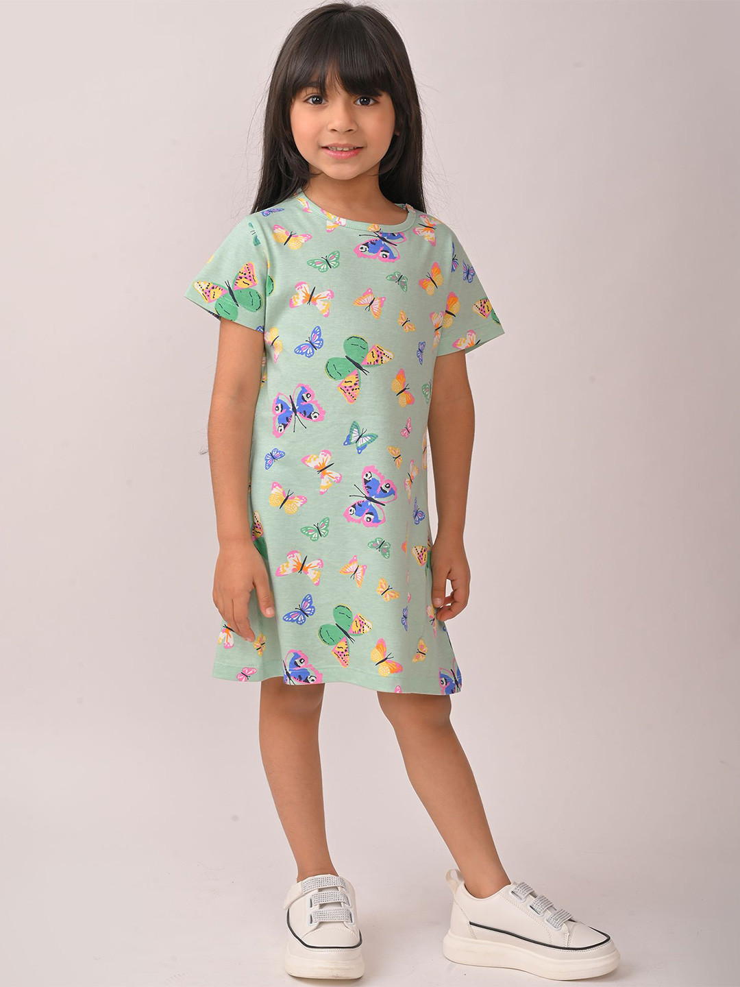 Anthrilo Girls Summer Butterfly Green Casual Shift Dress