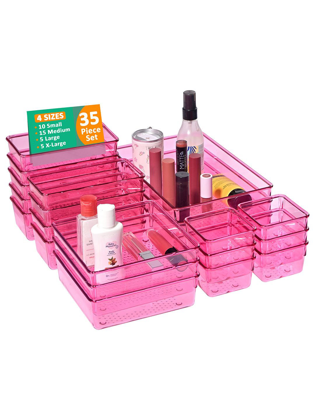 Kuber Industries Pink 35 Pcs Regular Transparent Cosmetic Vanity Makeup Drawer Organisers