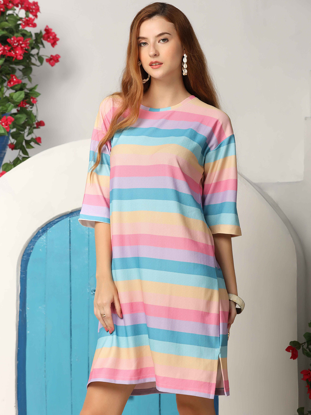 LERIYA FASHION Women Candy Stripes T-shirt Dress