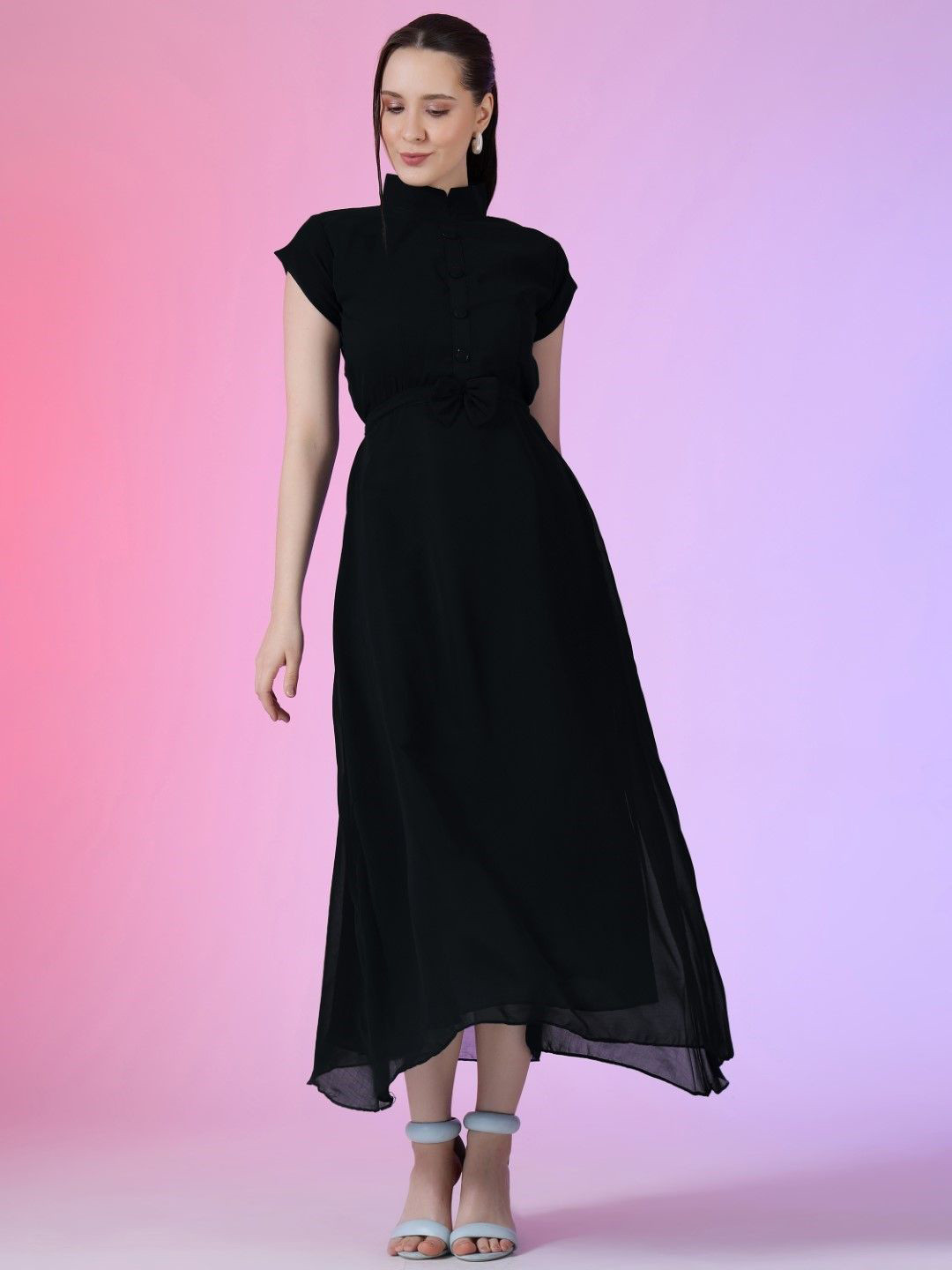 Raiyani Fashion Georgette Cap Sleeves Bow Fit & Flare Maxi Dress