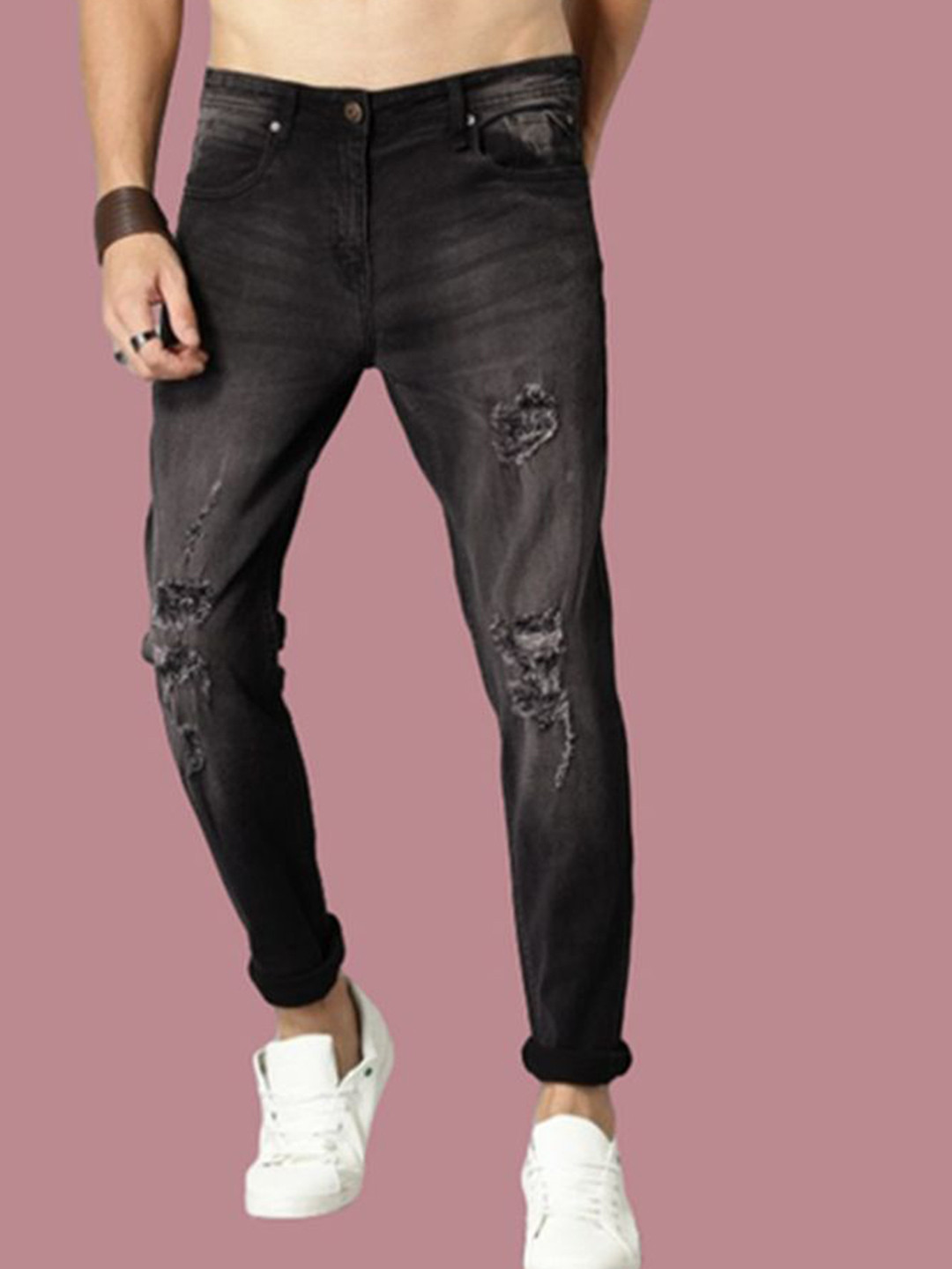 LINARIA Men Classic Tapered Fit Highly Distressed Heavy Fade Jeans