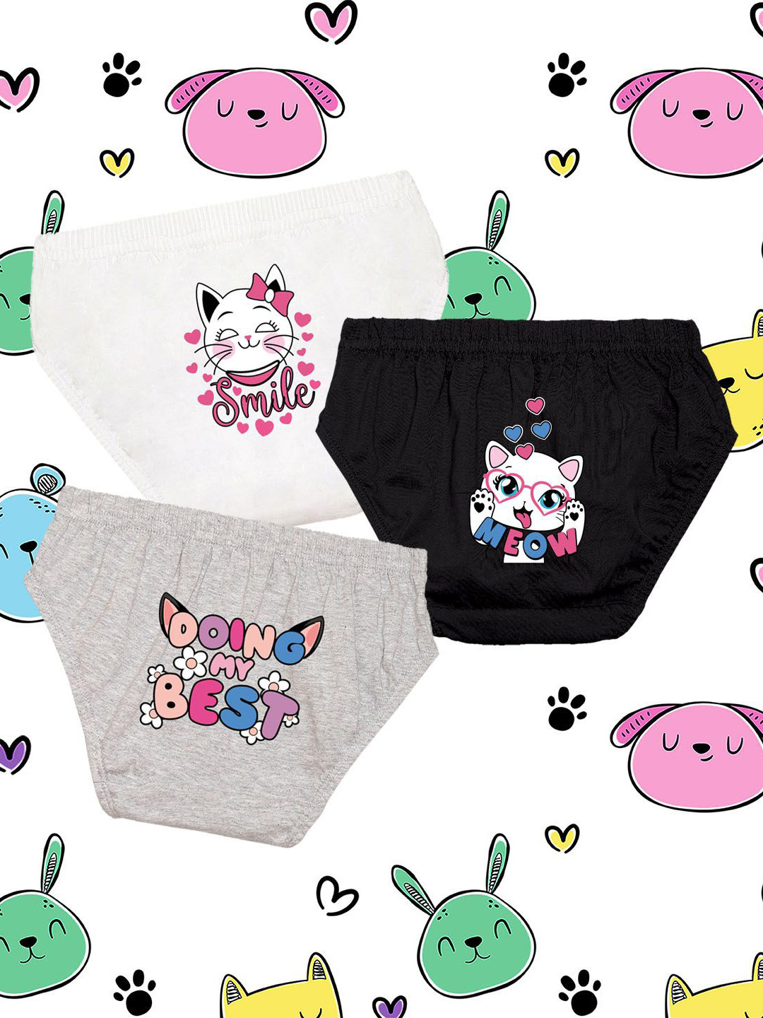 NUSYL Girls Pack Of 3 Cute Cat Printed Pure Cotton Basic Briefs