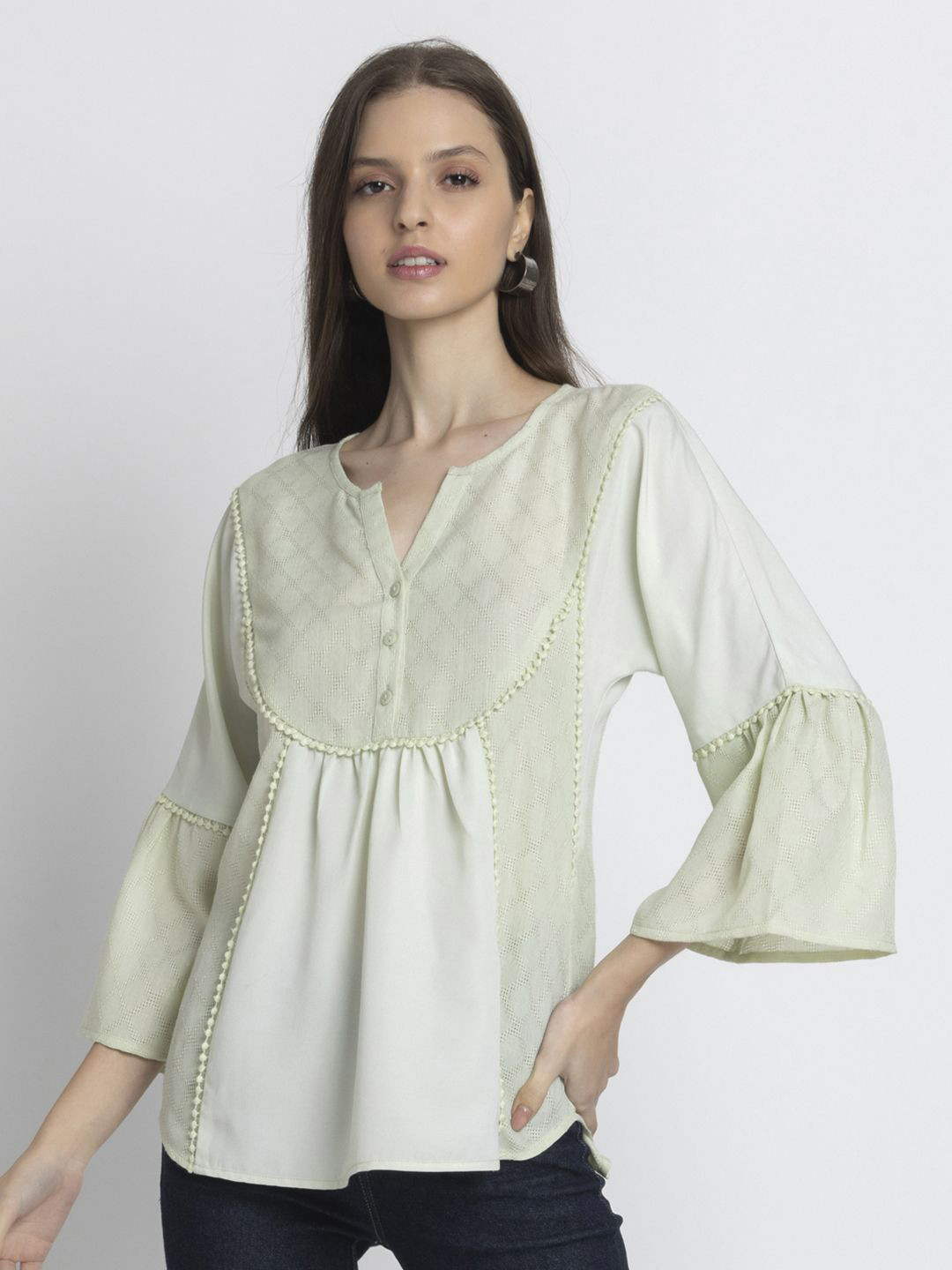 SHAYE Cotton Peplum Green V-Neck Solid Three-Quarter Sleeves Casual Tops For Women