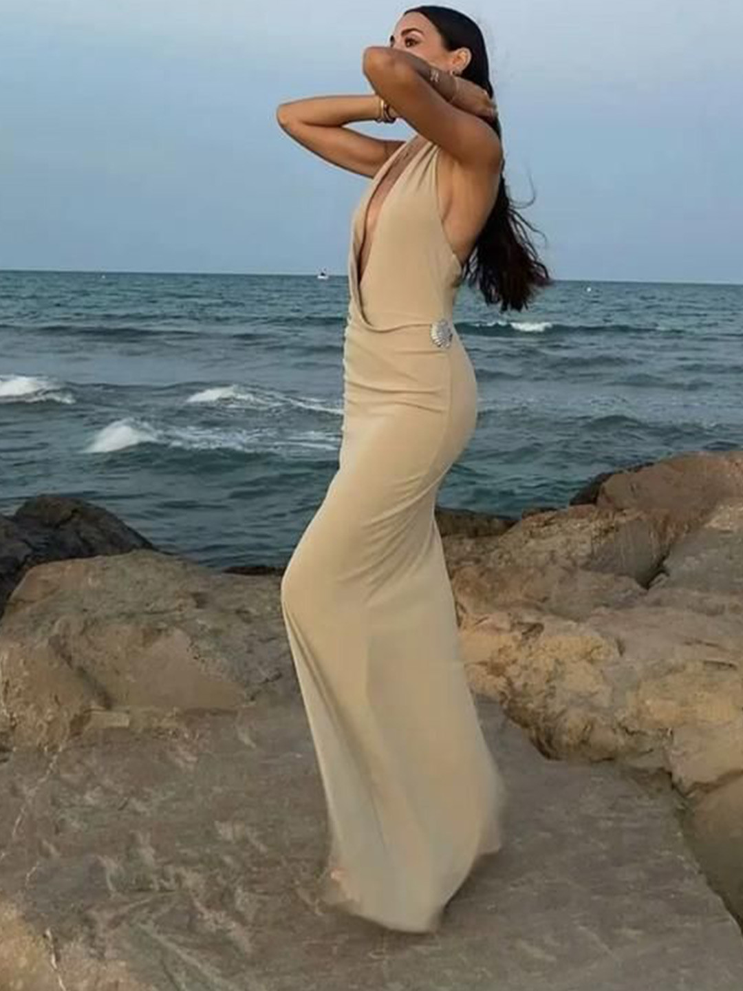 Miss Mosa By Akanksha  Women Brown Kia Halter neck Maxi Dress