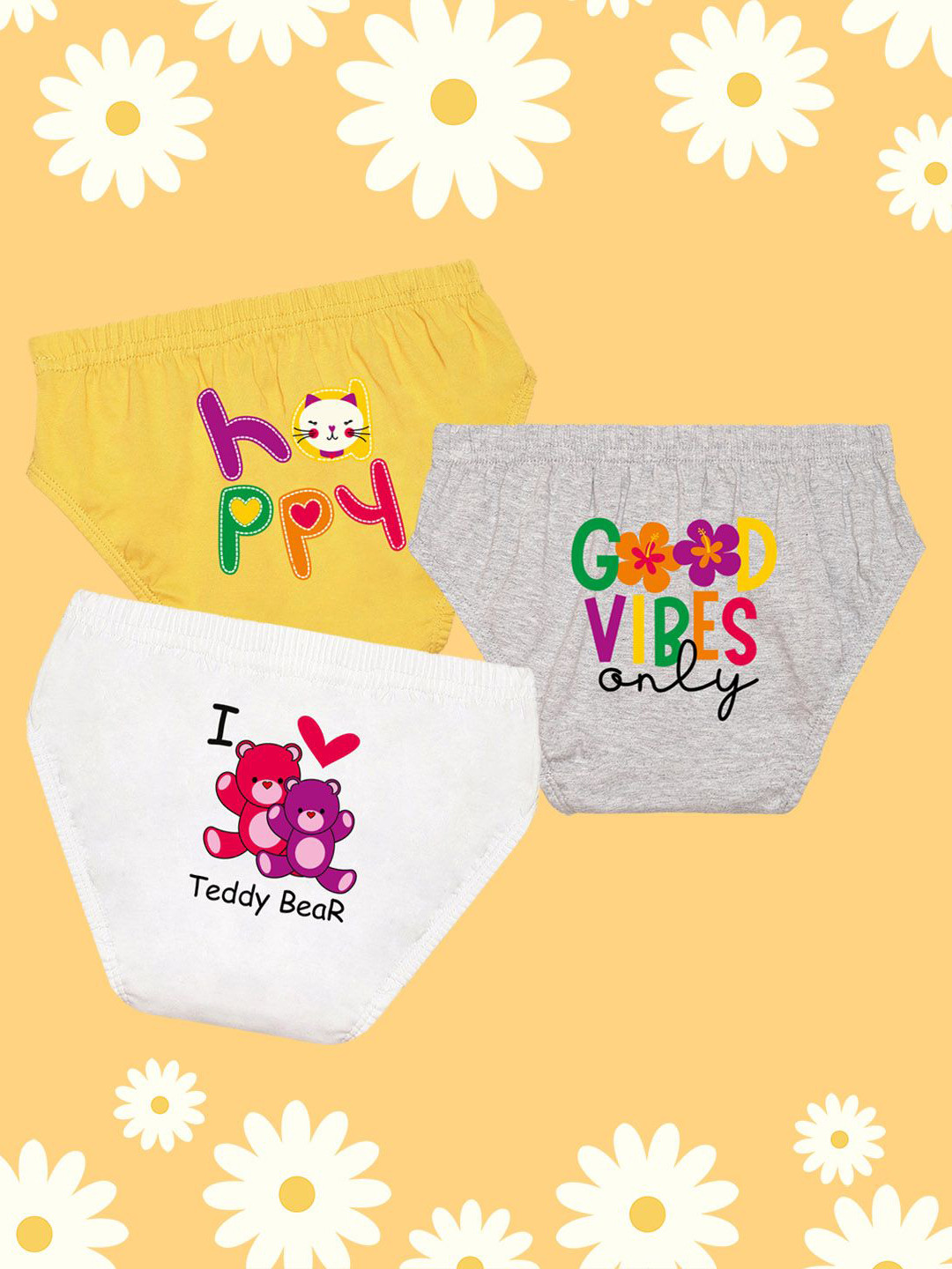 NUSYL Girls Pack Of 3 Teddy Bear & Text Printed Pure Cotton Basic Briefs