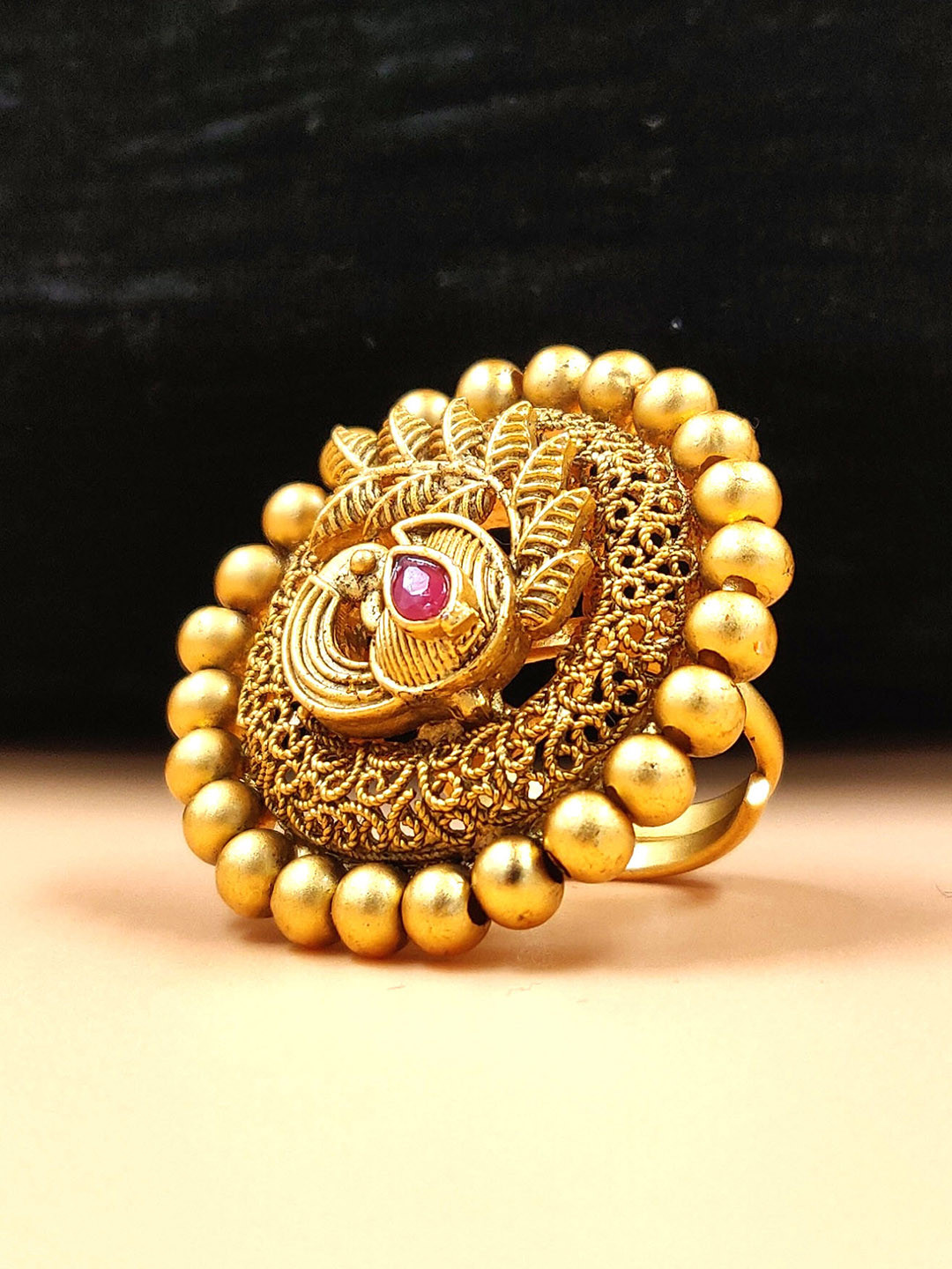 JYONA Gold-Plated Artificial Stone Studded & Beaded Rajwadi Look Adjustable Finger Ring