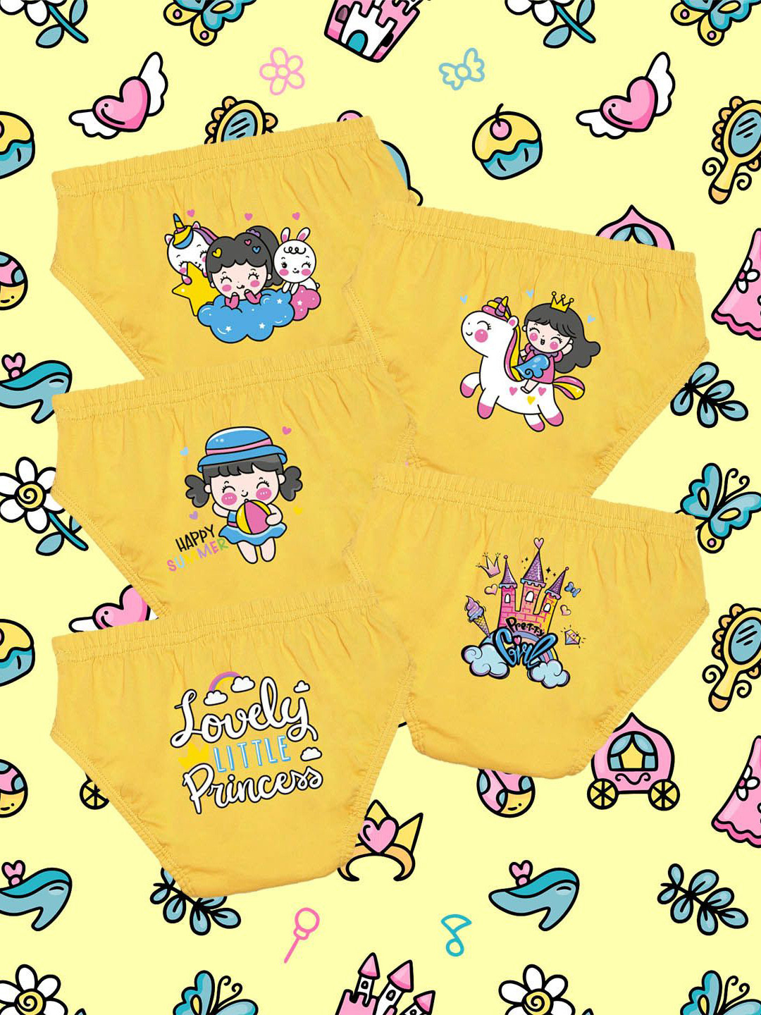 NUSYL Girls Pack Of 5 Magical Printed & Unicorn Printed Pure Cotton Basic Briefs