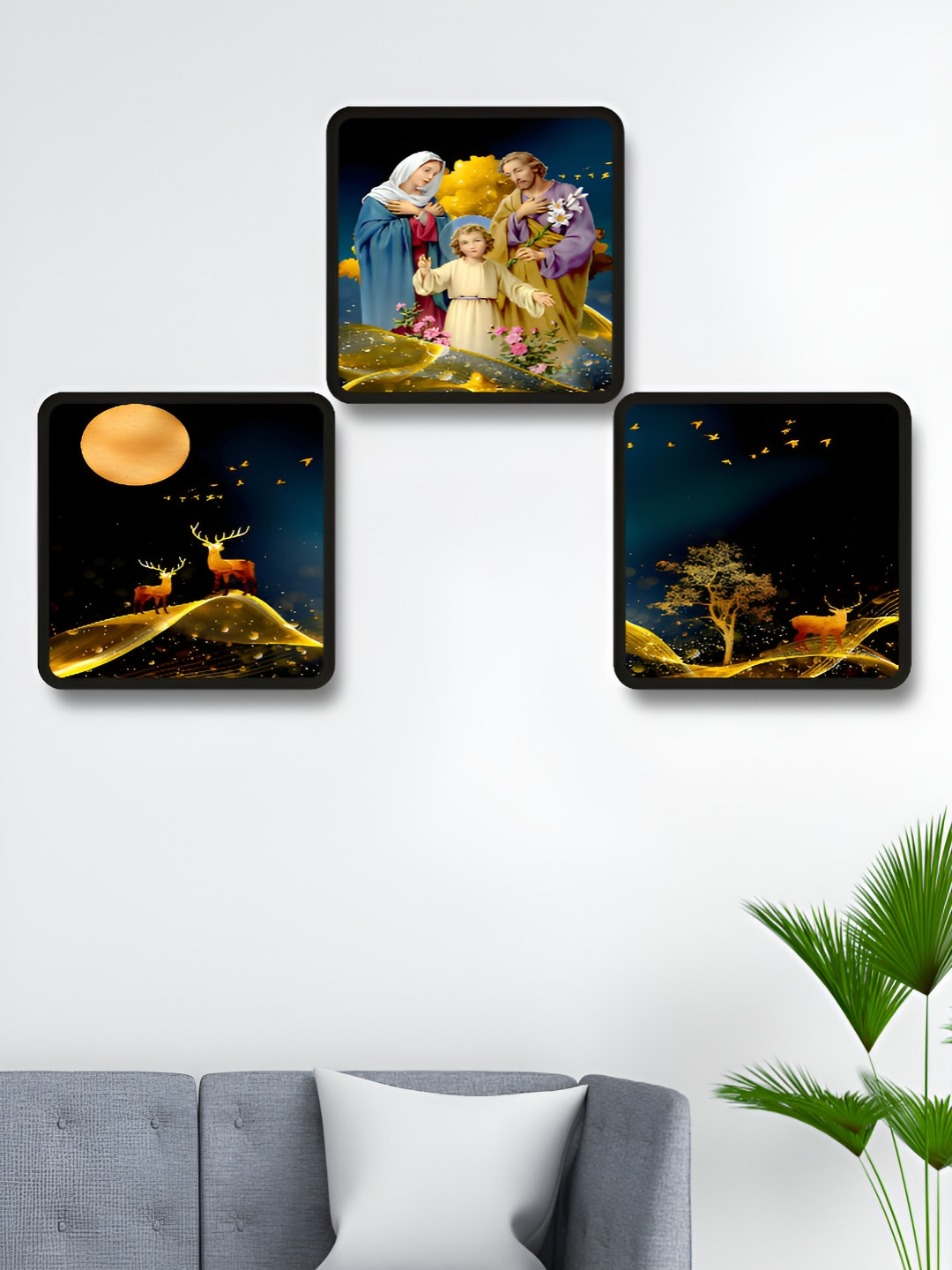 Myntra Elegant Homes Black & Yellow 3 Pieces Deer & Yeshu Printed Wooden Wall Art