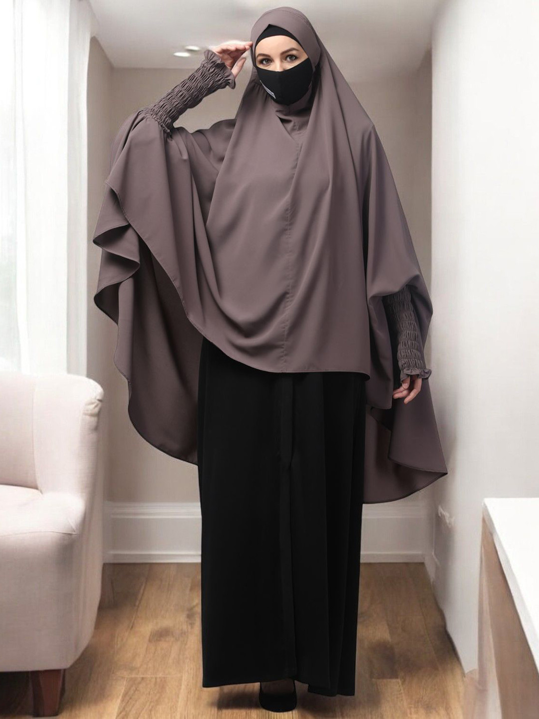 MUSHKIYA Long Prayer Khimar With Attached Mouthpiece & Tie-Up Ribbons Hijab