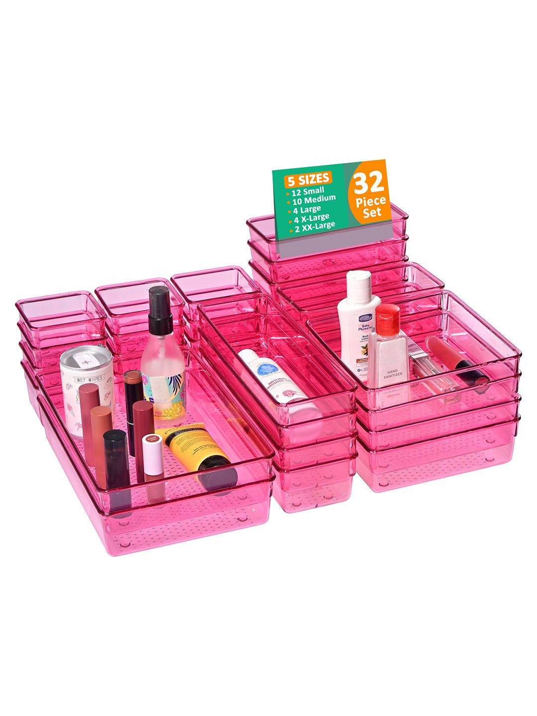 Kuber Industries 32 Pcs Pink Transparent Cosmetic Vanity Makeup Drawer Organiser