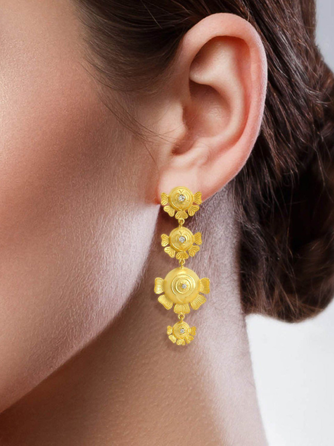 House of Pataudi Gold Plated Rhinestone Studded Floral Shaoed Drop Earrings