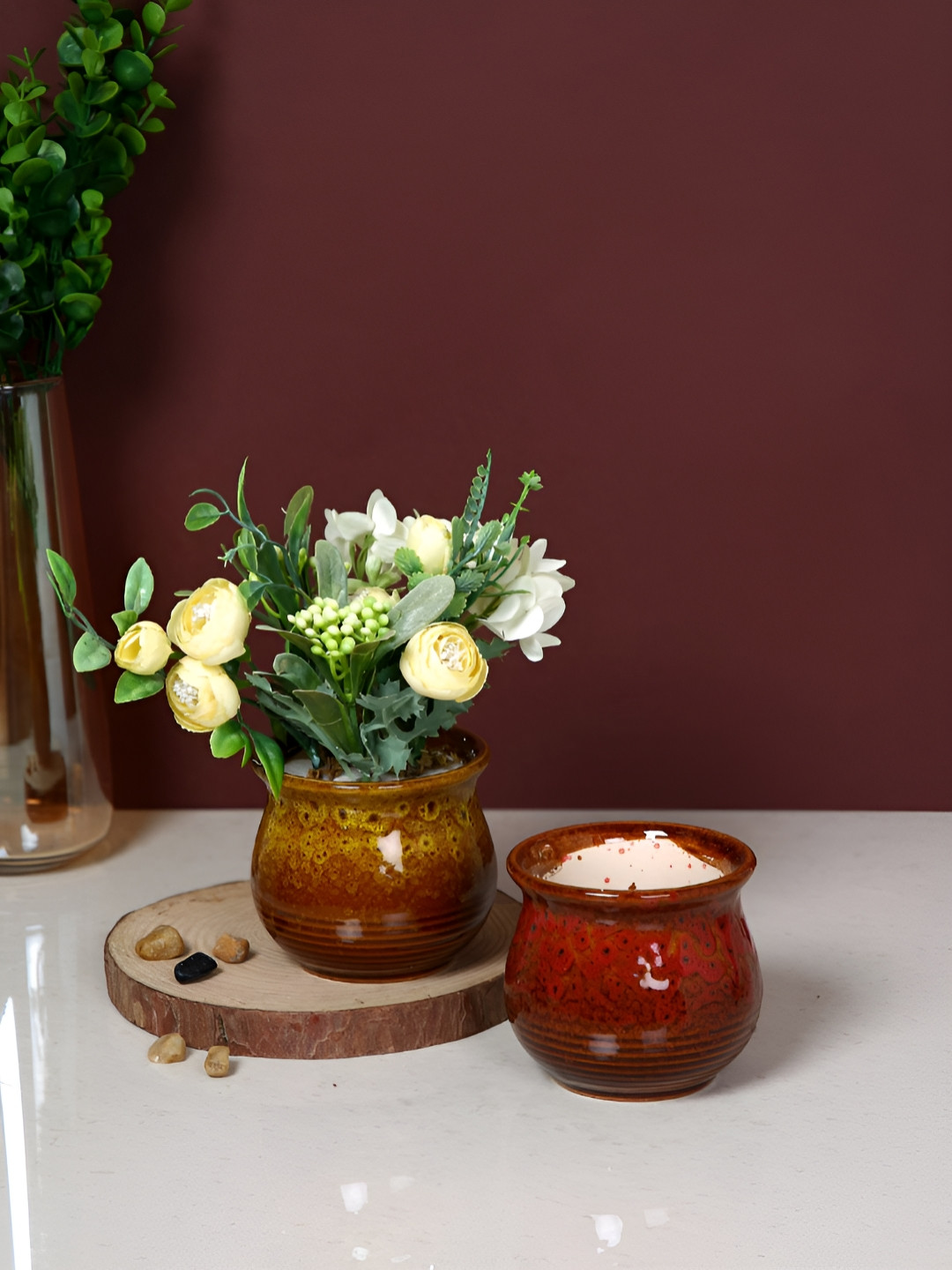TAYHAA Brown & Maroon 2 Pieces Sunset Glow Ceramic Planters