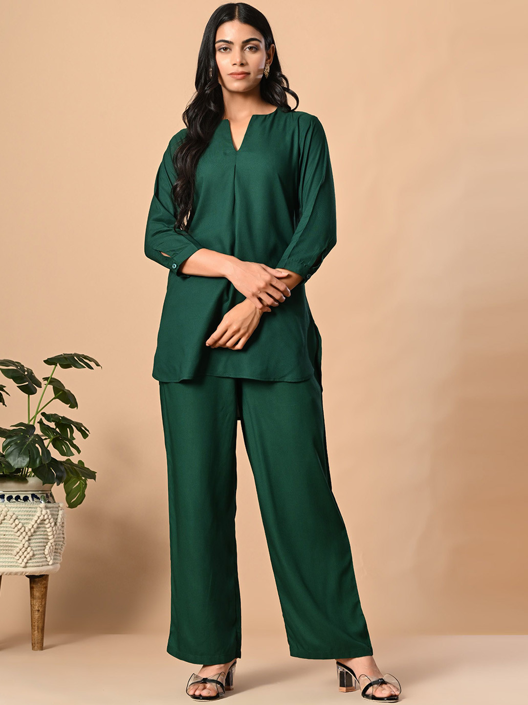 Fuchsia  Notch Neck Tunic With Trousers