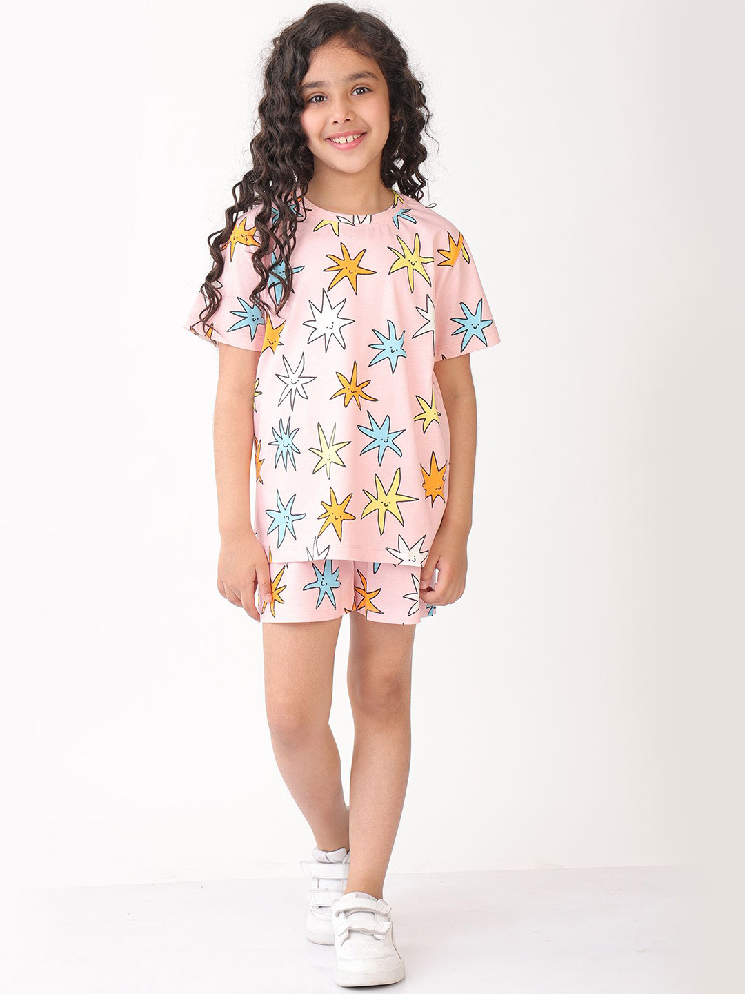 Anthrilo kids Girls Summer Smiling Star Pink Shorts Clothing Set