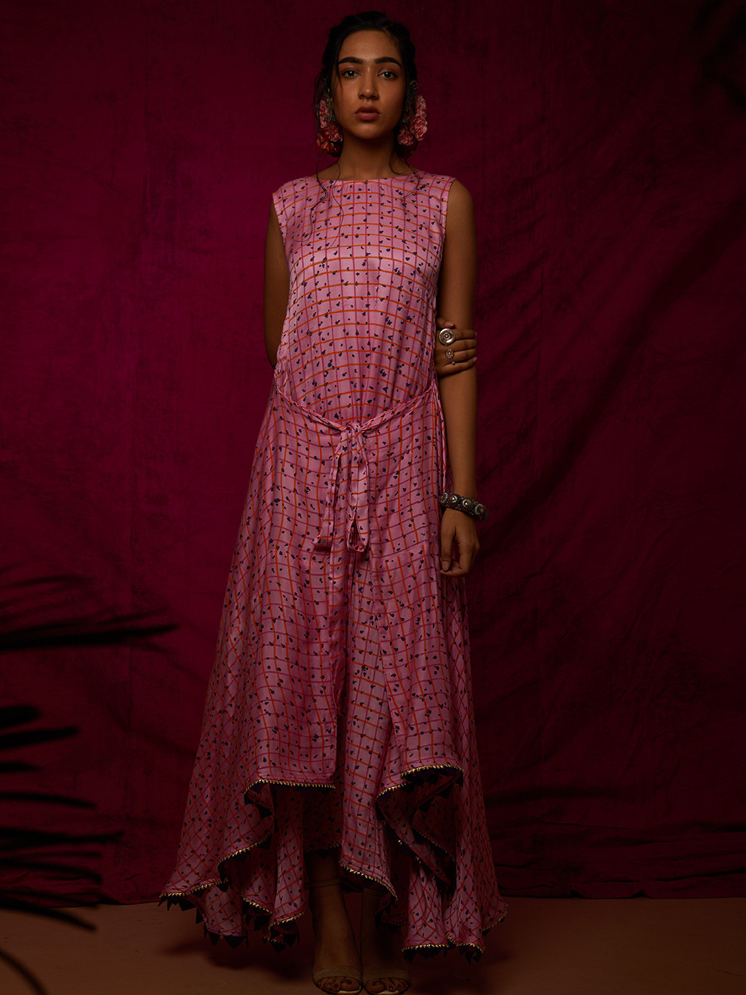 Aapro Women Block Printed Checks Maxi Dress