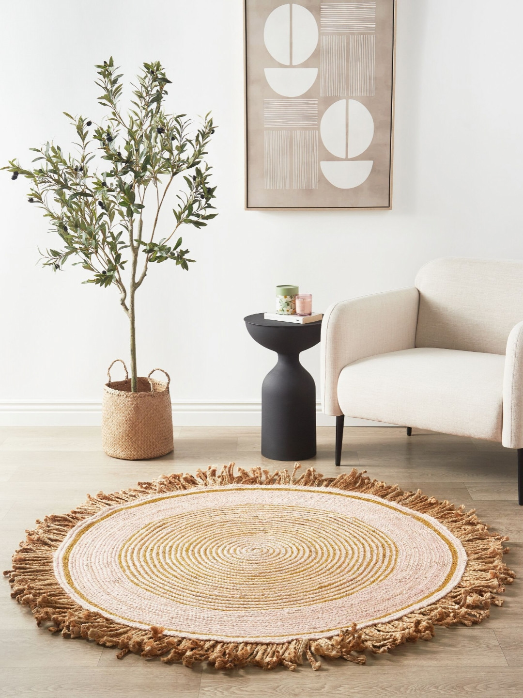 Art Avenue Gisborne Beige & Pink Textured Round Floor Jute Carpet