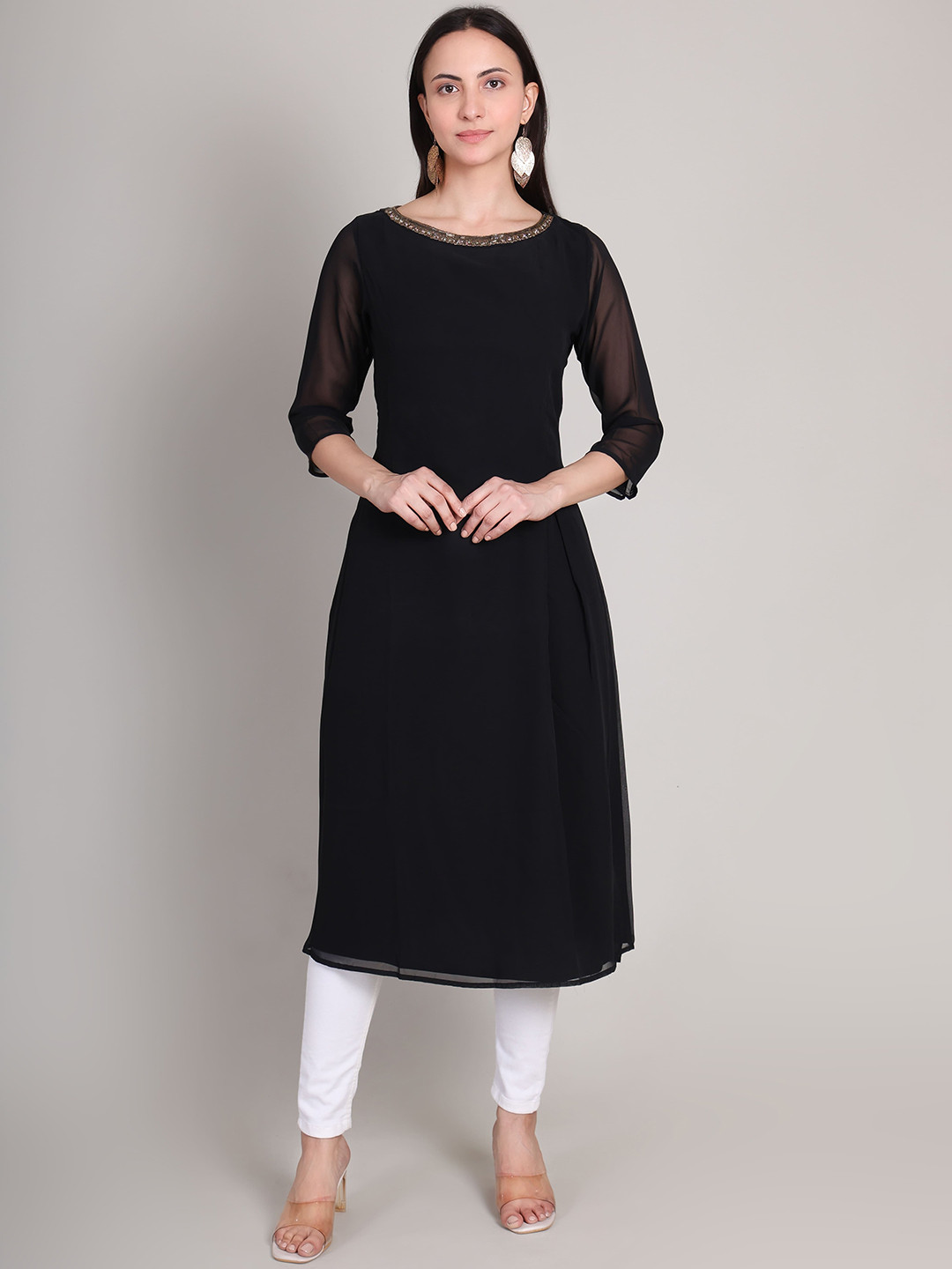 DELIS Round Neck Beads and Stones Georgette A-Line Kurta