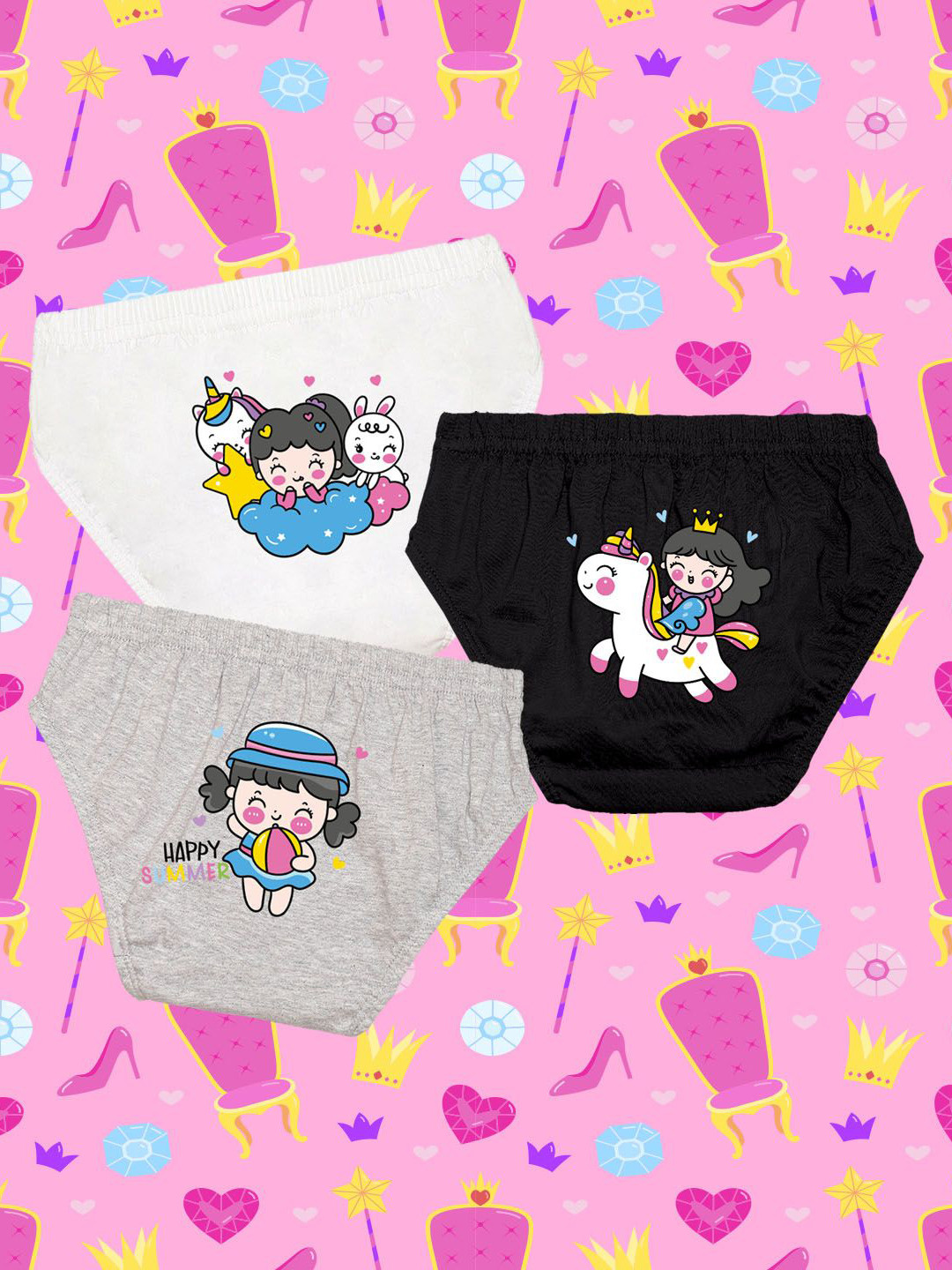 NUSYL Girls Pack Of 3 Unicorn Printed Mid-Rise Basic Briefs NUGCBRFPO3.0044