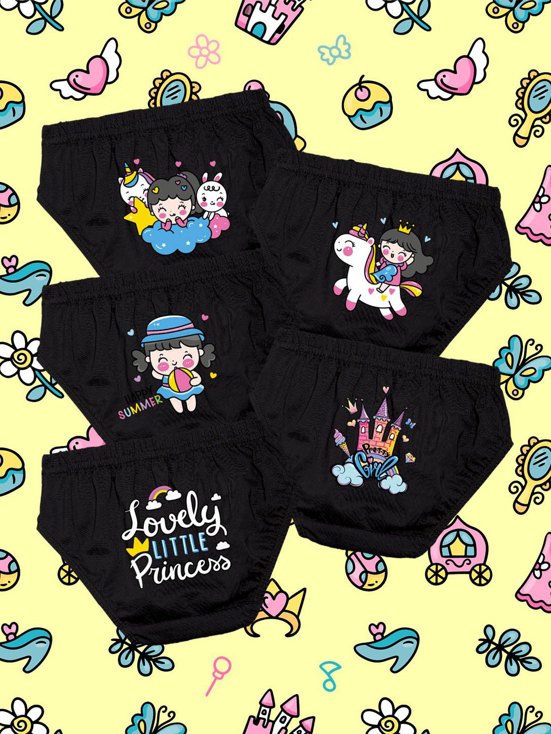 NUSYL Girls Pack Of 5 Cute Unicorn & Girl Printed Pure Cotton Basic BriefsNUGCBRFPO5.0023