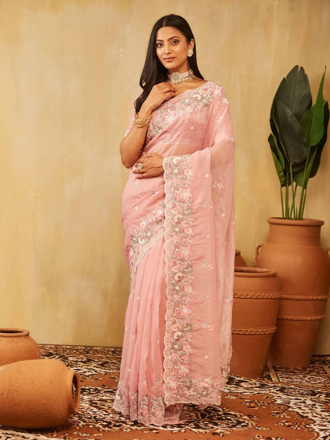 Kasee Pure Chiffon Floral Embroidered Saree With Unstitched Blouse Piece