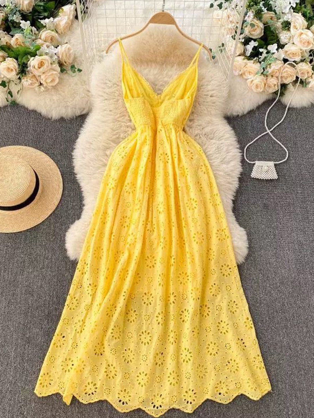 Miss Mosa By Akanksha  Women Yellow Joey Cotton Eyelet Fit and Flare Midi Dress