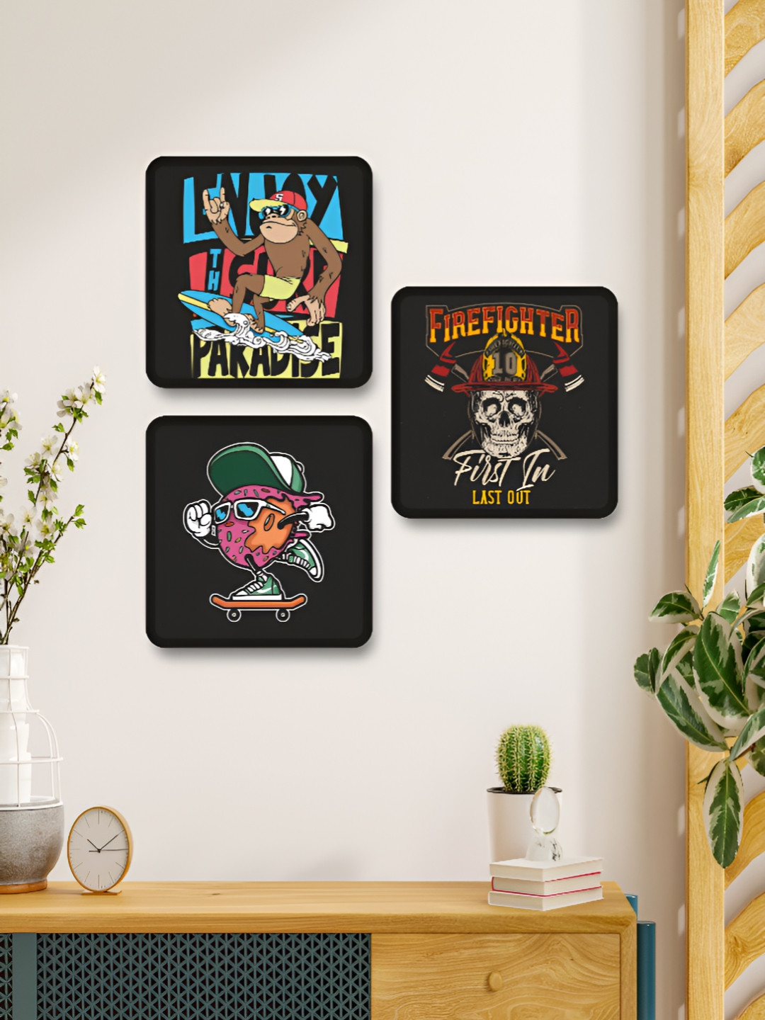 Myntra Elegant Homes Black & Blue 3 Pieces Cartoon Characters Wood Wall Art