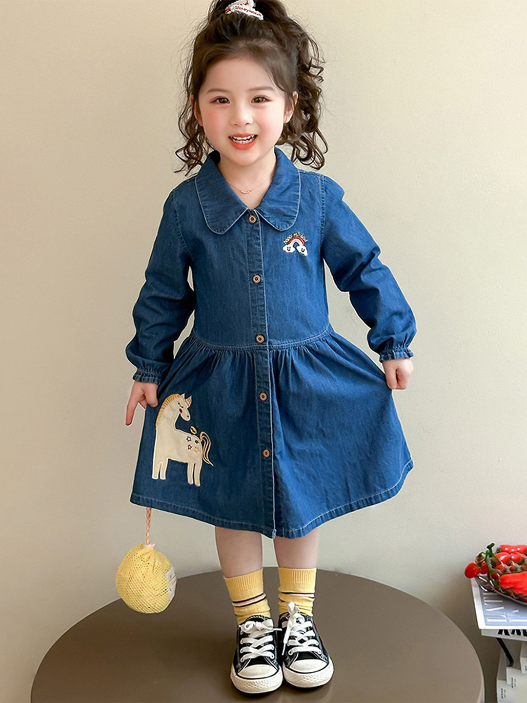 LULU & SKY Girls Unicorn Applique Indigo Shirt Dress