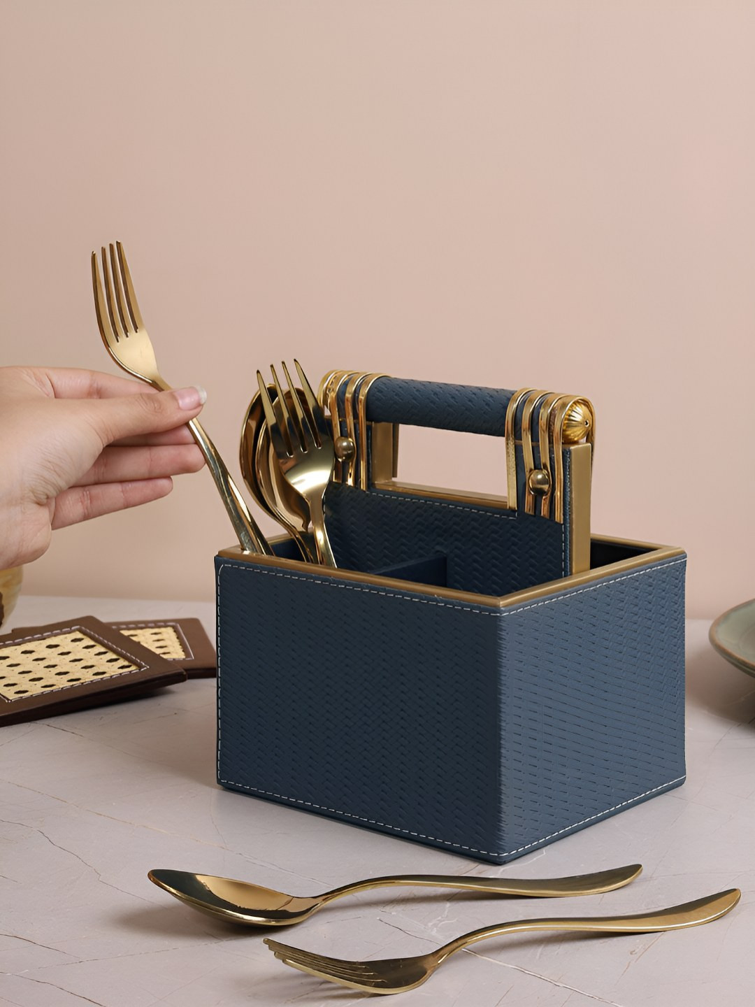 HOME 360 Blue Leather Cutlery Holder