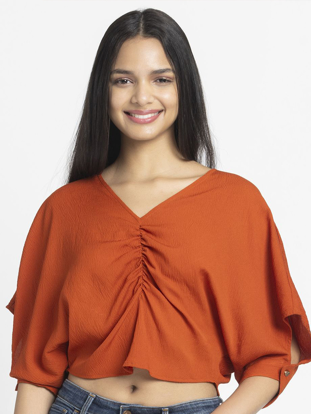 SHAYE Women Rust V-Neck Solid Three-Quarter Sleeves Casual Tops