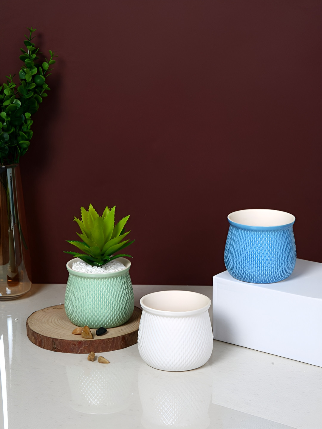 TAYHAA Blue & White 3 Pieces Textured Serenity Ceramic Flower Planters