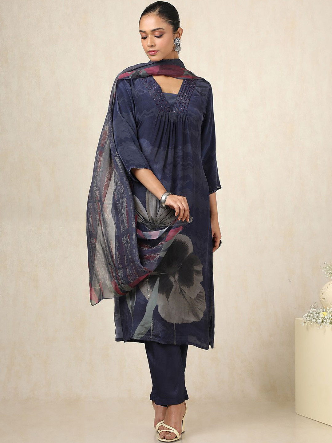 Soch Floral Printed Square Neck Beads and Stones Silk Empire Kurta With Trousers & Dupatta