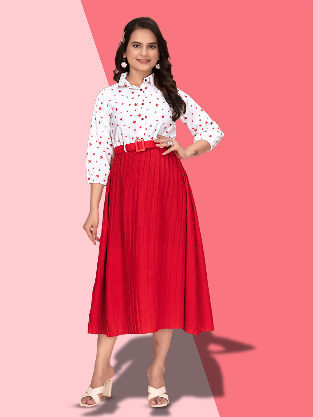 ZELZIS Women Shirt Collar Printed Accordion Pleats Puff Sleeves Red Fit and Flare Dress