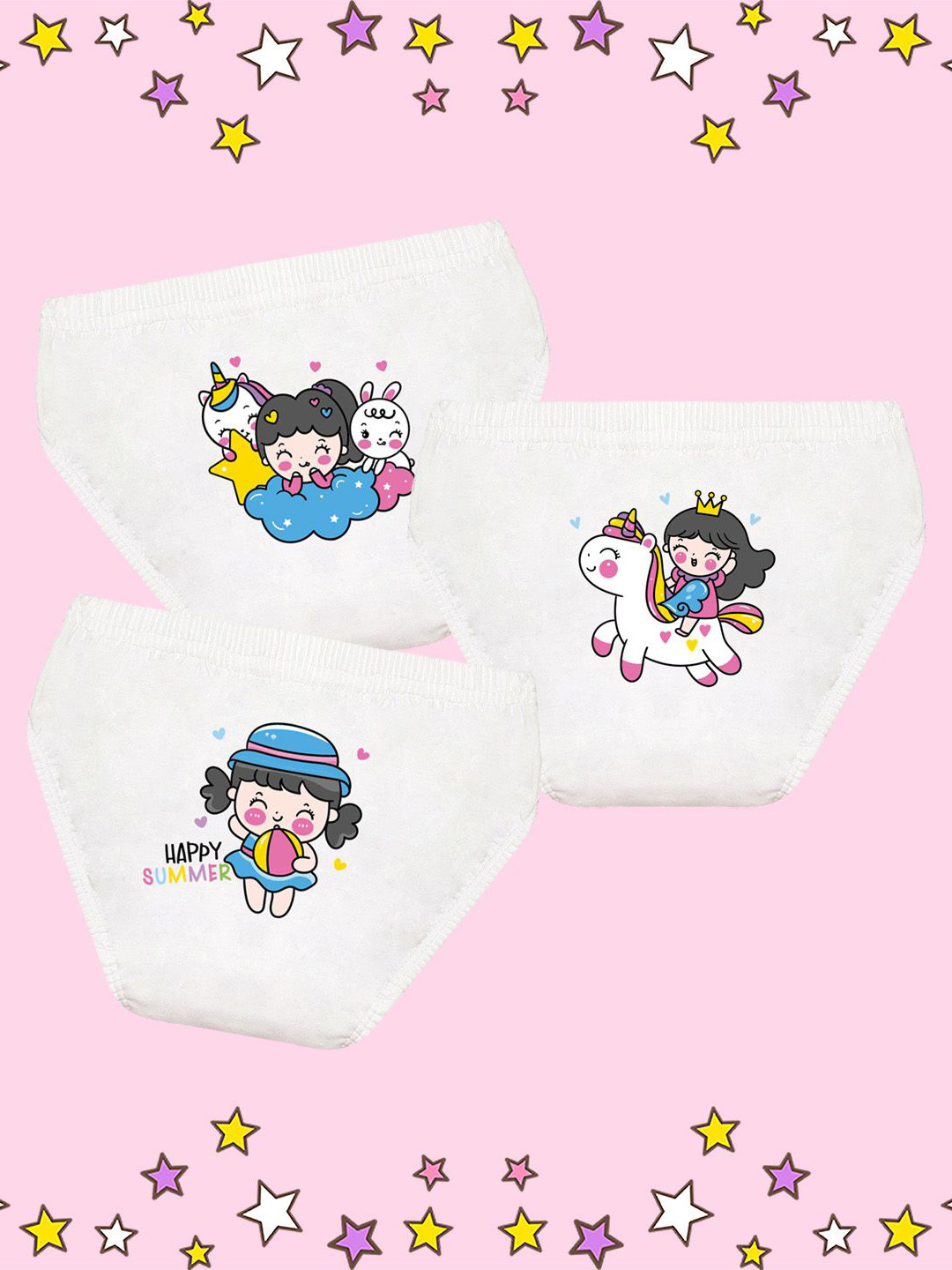 NUSYL Girls Pack Of 3 Cute Girl With Unicorn Printed Pure Cotton Basic BriefsNUGCBRFPO3.0
