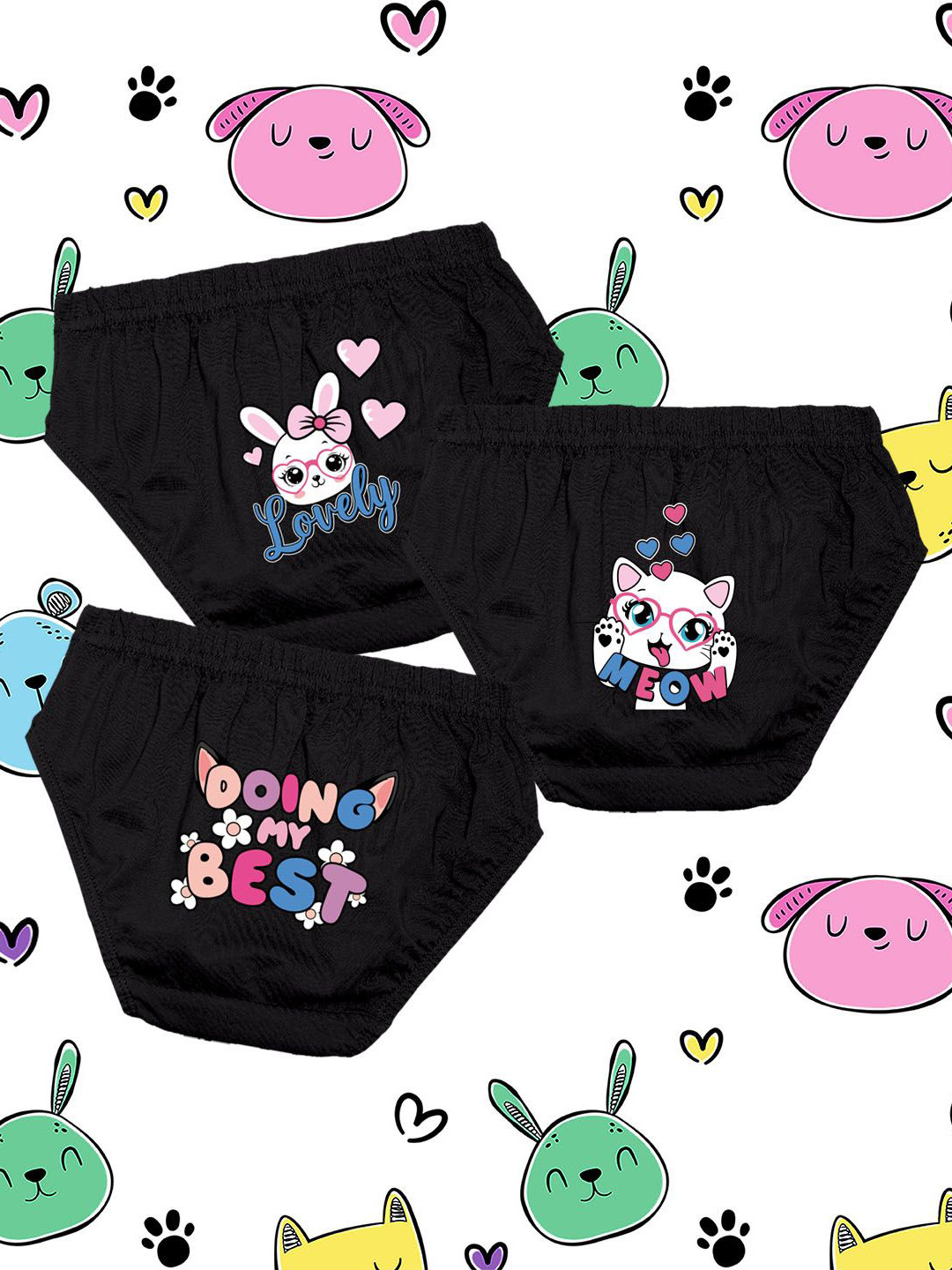 NUSYL Girls Pack Of 3 Text & Cat Printed Pure Cotton Basic BriefsNUGCBRFPO3.0023