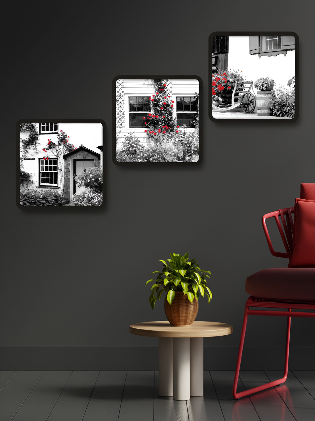 Myntra Elegant Homes White & Pink 3 Pieces House Printed Wooden Wall Art