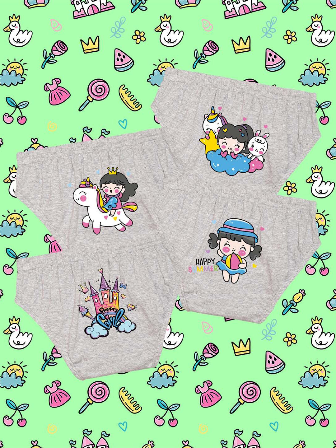 NUSYL Girls Pack Of 4 Happy Summer Printed Pure Cotton Basic BriefsNUGCBRFPO4.0040