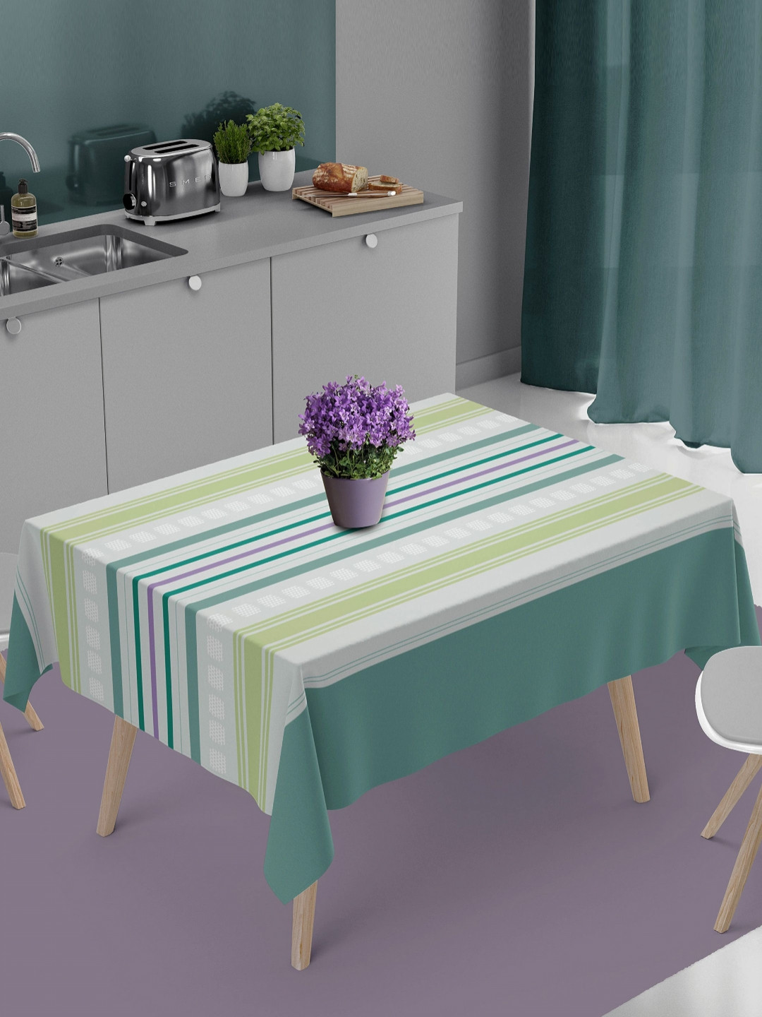 HOME COLORS.IN Green Striped Cotton 4 Seater Sqaure Table Cover