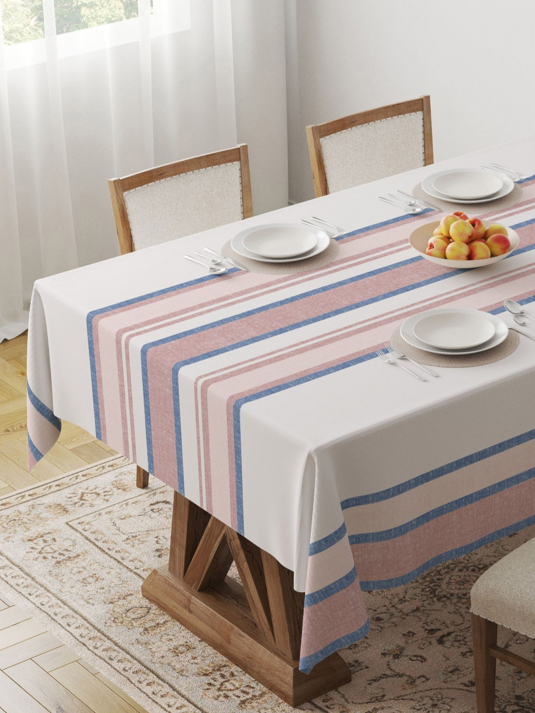 HOME COLORS.IN Red & Blue Striped Cotton 4 Seater Table Cover