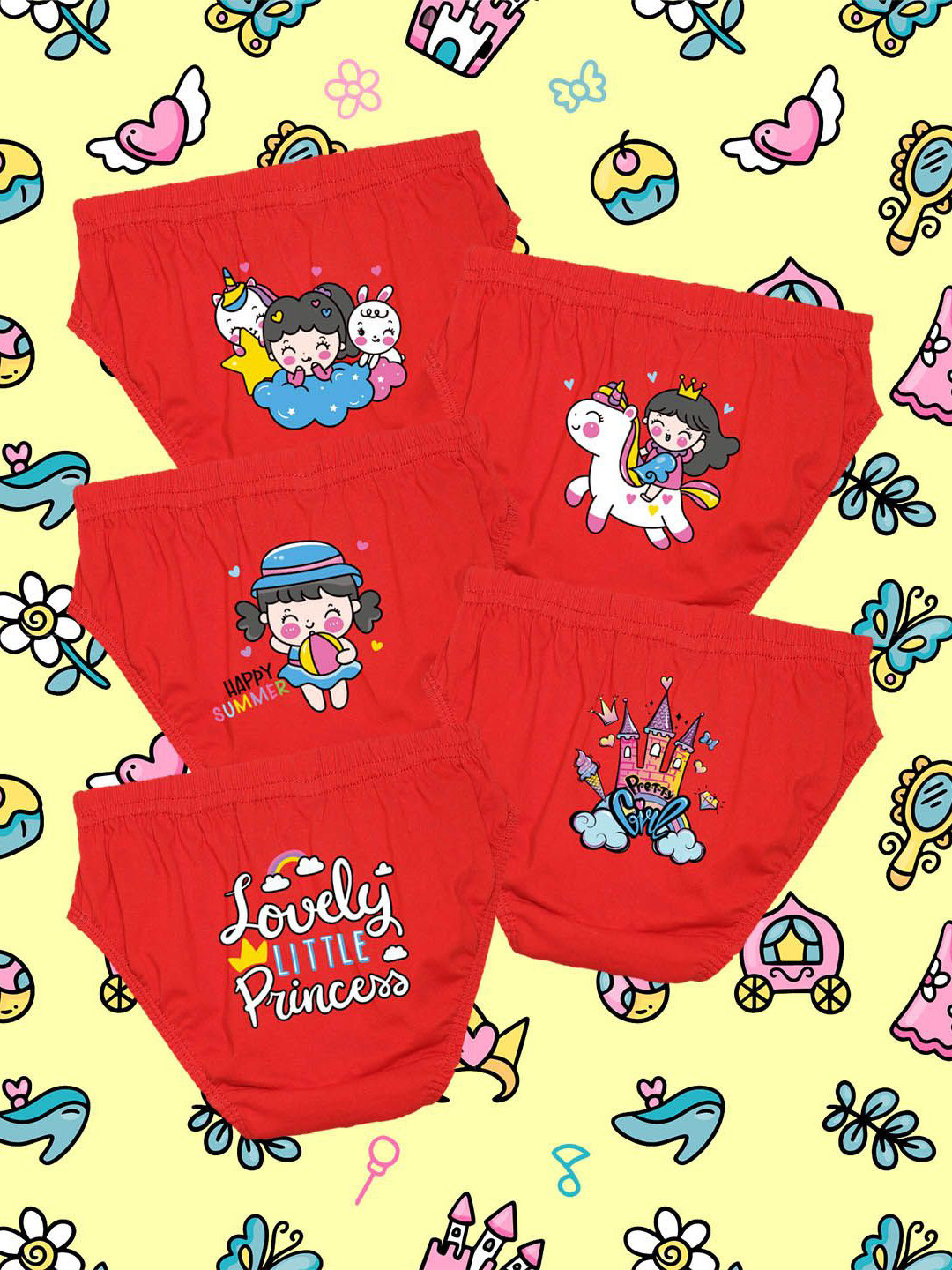 NUSYL Girls Pack Of 5 Unicorn Magic Printed Pure Cotton Basic Briefs NUGCBRFPO5.0025