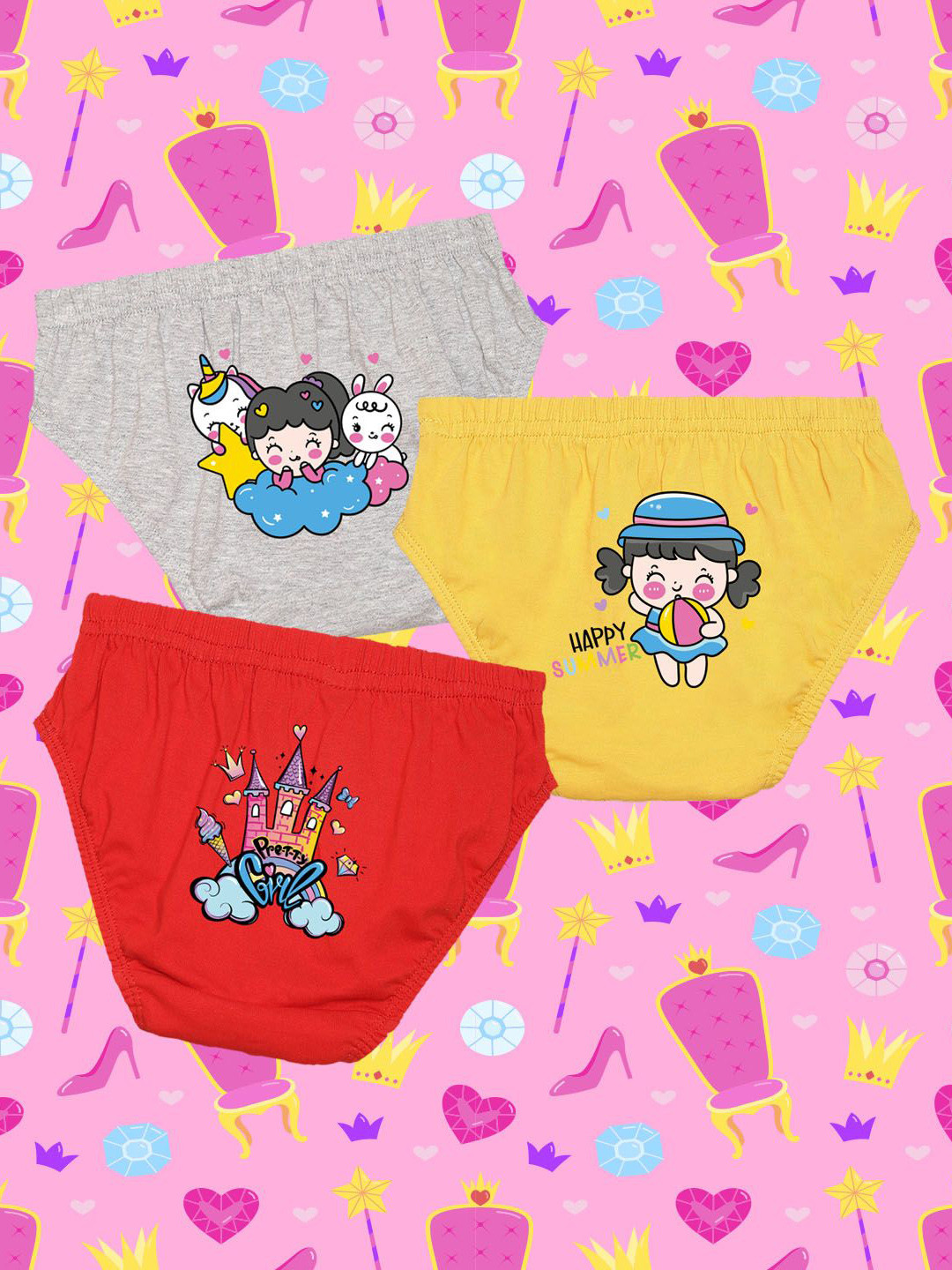 NUSYL GirlsPack Of 3 Magical Princess & Unicorn Printed Pure Cotton Basic Briefs NUGCBRFP